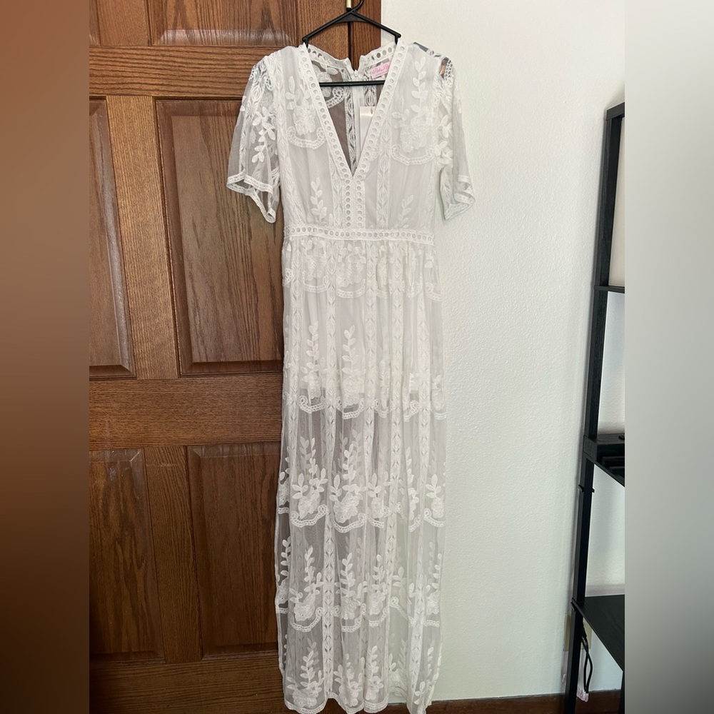 CROSSING PATHS LACE MAXI IVORY DRESS with ROMPER shorts